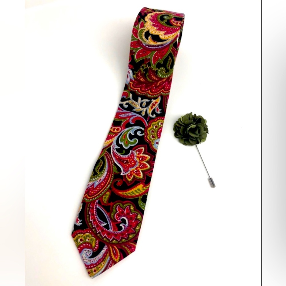 Mens Tie Set Multicolored Black Red Green Skinny Tie and Flower Lapel Pin